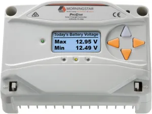 Morningstar Prostar 30A PWM Solar Charge Controller w/ Meter (PS-30M) - Solar Panel Regulator, Supports 12V/24V LA/Lithium Batteries, LVD/Lighting Ctrl, HazLoc Rated, Low Noise - Designed in The USA