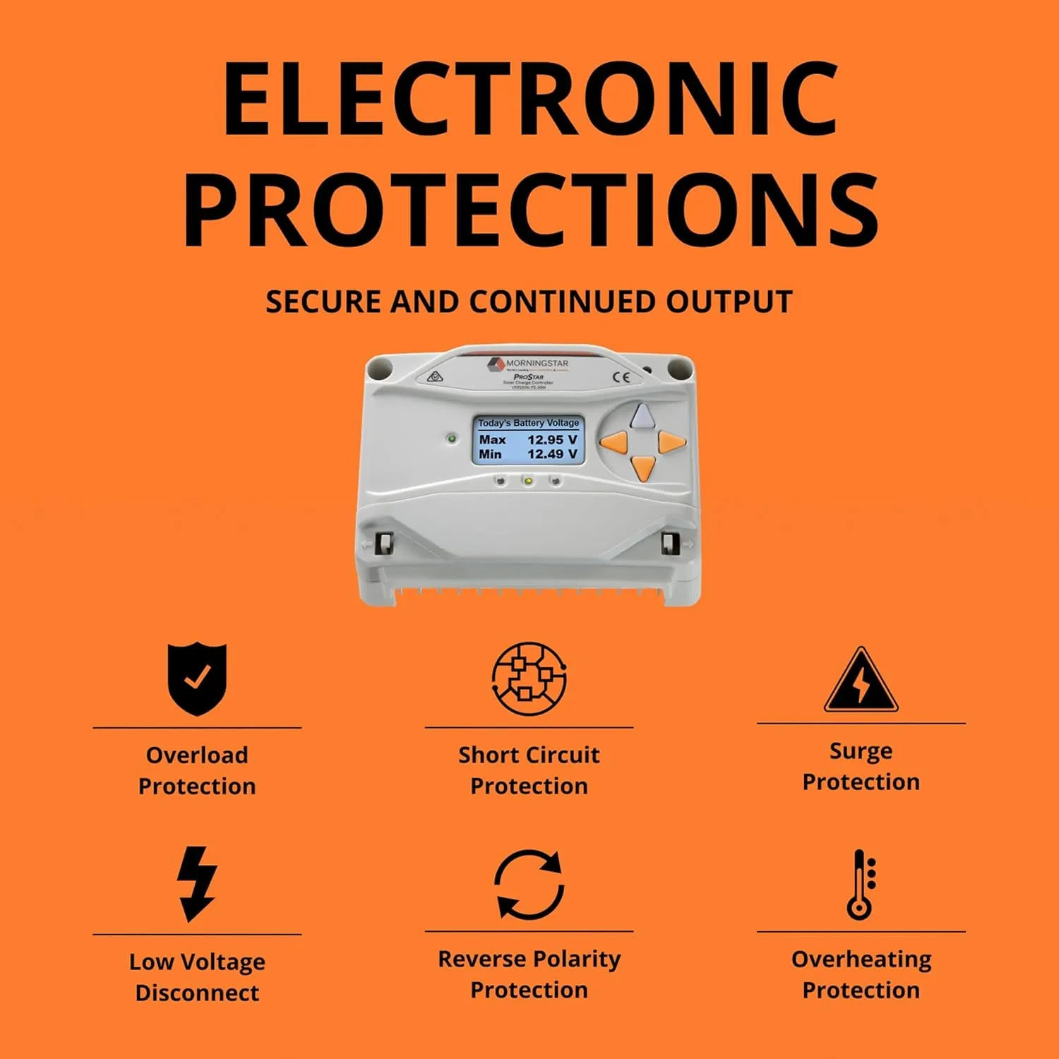 Morningstar Prostar 30A PWM Solar Charge Controller w/ Meter (PS-30M) - Solar Panel Regulator, Supports 12V/24V LA/Lithium Batteries, LVD/Lighting Ctrl, HazLoc Rated, Low Noise - Designed in The USA