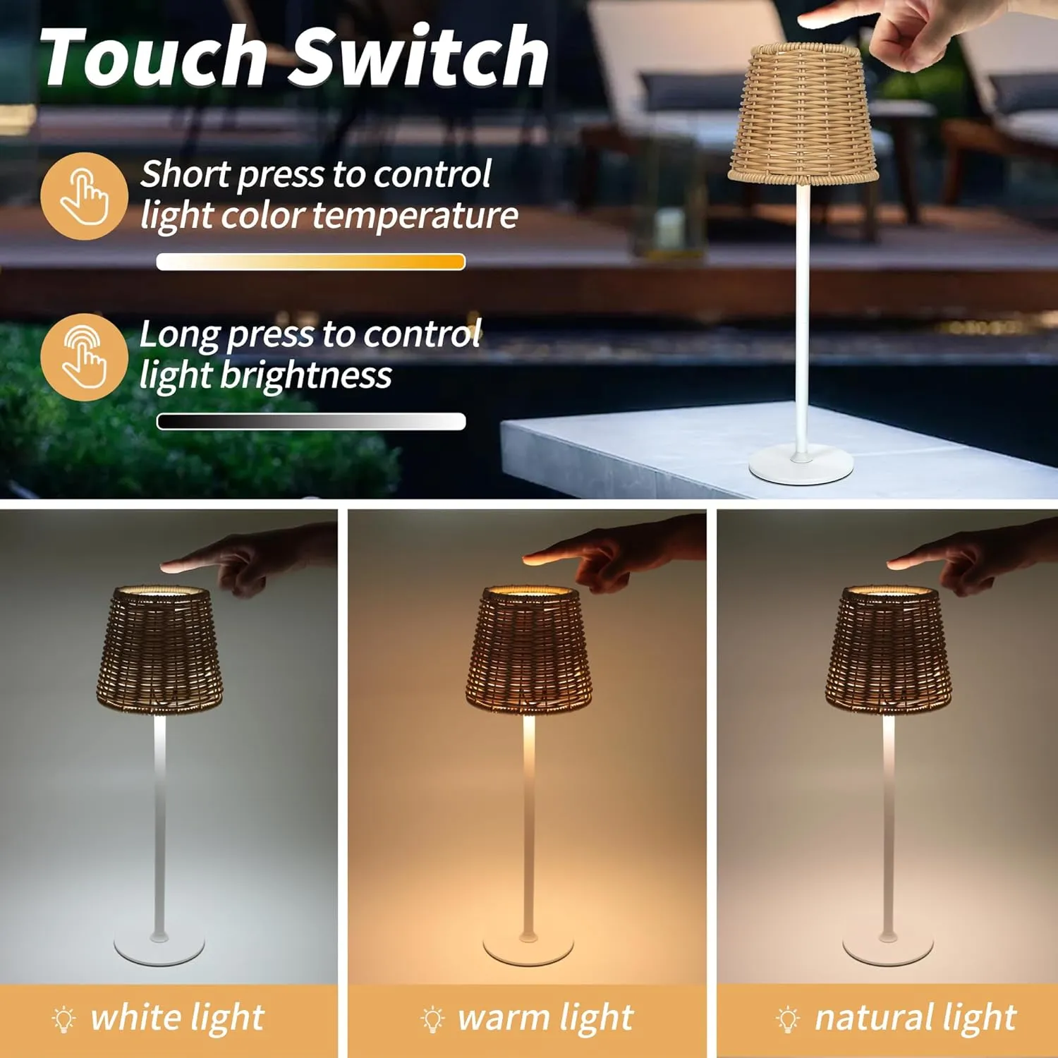 Mr. White Outdoor Waterproof Cordless Wireless Rechargeable Portable Top Touch Battery Operated Powered LED Table Lamp Desk Lamp Lights for Restaurant Kitchen Patio Dinner Dining (White)