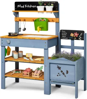Mud Kitchen with Planter Box, Outdoor Play Pretend Kitchen with Stoves, Removable Sink, Faucet, Blackboard, Cooking Accessories & Gardening Tools Set, Wooden Kids Kitchen for Boys Girls 3-8