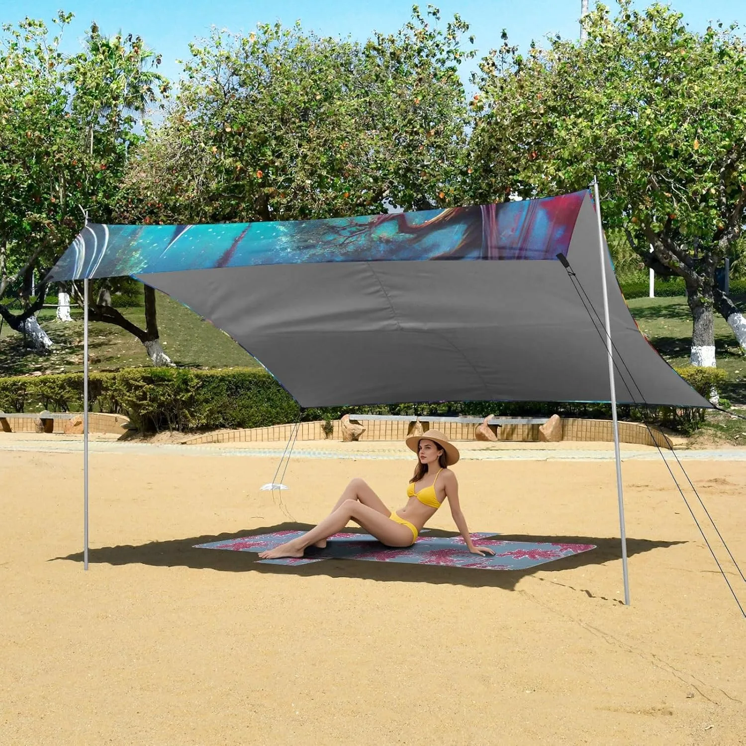Mysterious Forest Castle Fairy Canopy Beach Tent 9.2 × 10.5 FT Outdoor Patio Sun Shade Outside Wind Sail Shade Camping Sun Shelter with Poles Sand Anchor