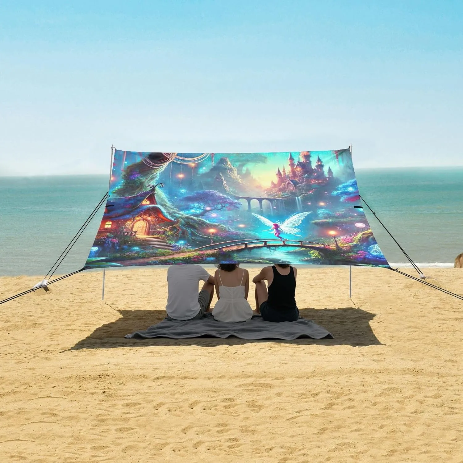 Mysterious Forest Castle Fairy Canopy Beach Tent 9.2 × 10.5 FT Outdoor Patio Sun Shade Outside Wind Sail Shade Camping Sun Shelter with Poles Sand Anchor