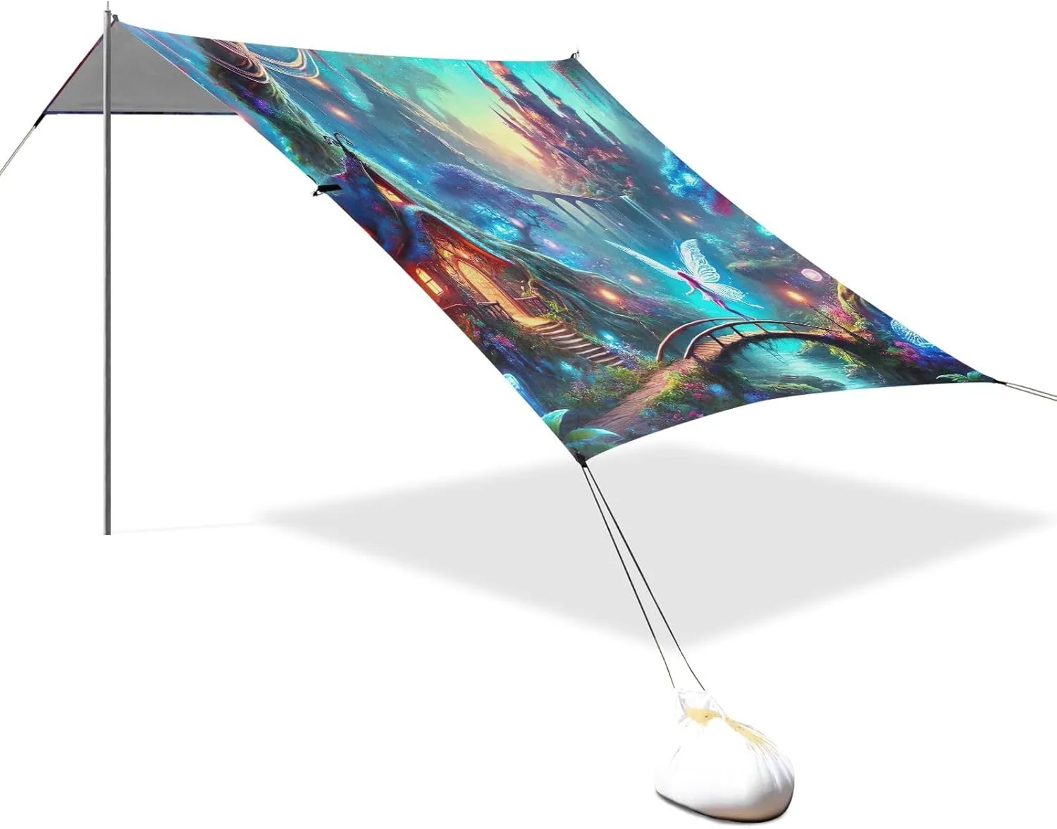 Mysterious Forest Castle Fairy Canopy Beach Tent 9.2 × 10.5 FT Outdoor Patio Sun Shade Outside Wind Sail Shade Camping Sun Shelter with Poles Sand Anchor