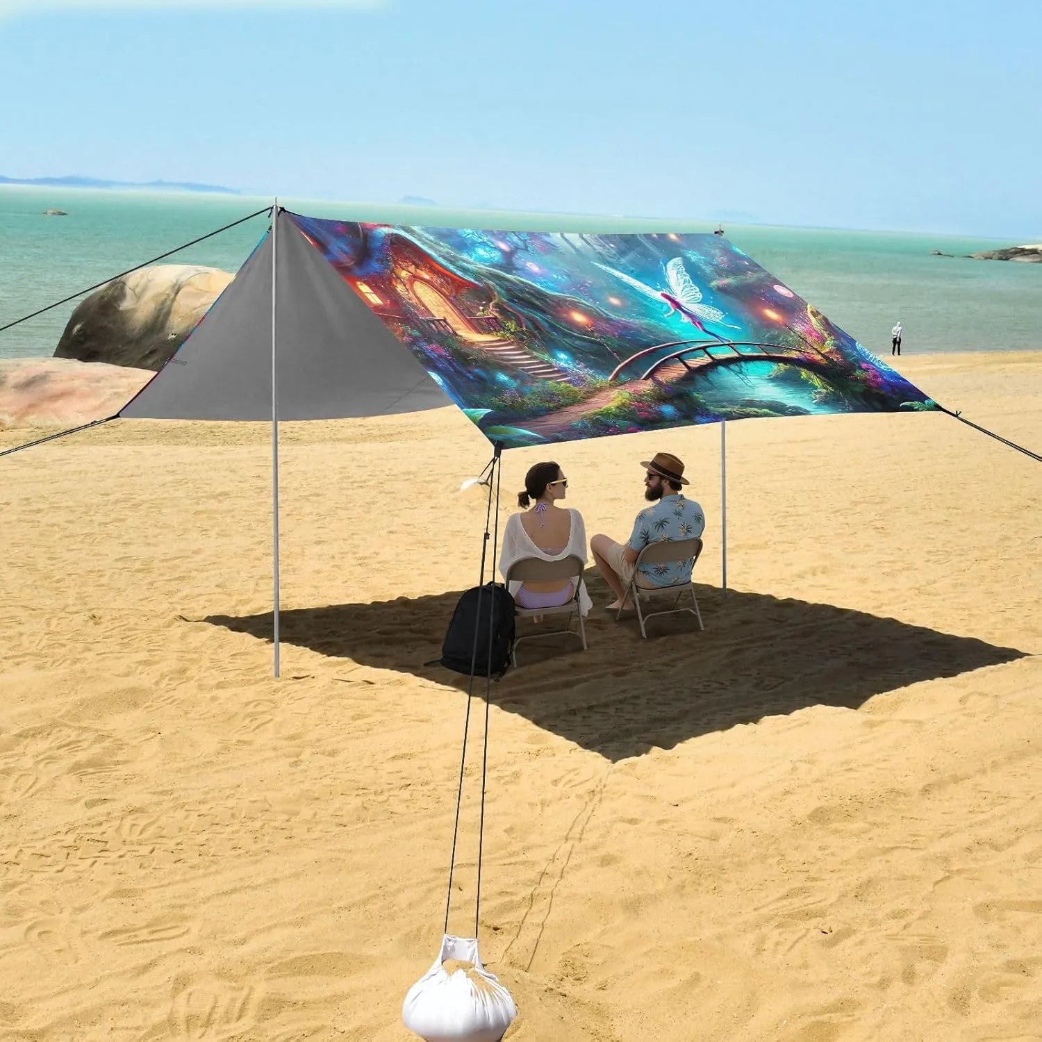 Mysterious Forest Castle Fairy Canopy Beach Tent 9.2 × 10.5 FT Outdoor Patio Sun Shade Outside Wind Sail Shade Camping Sun Shelter with Poles Sand Anchor