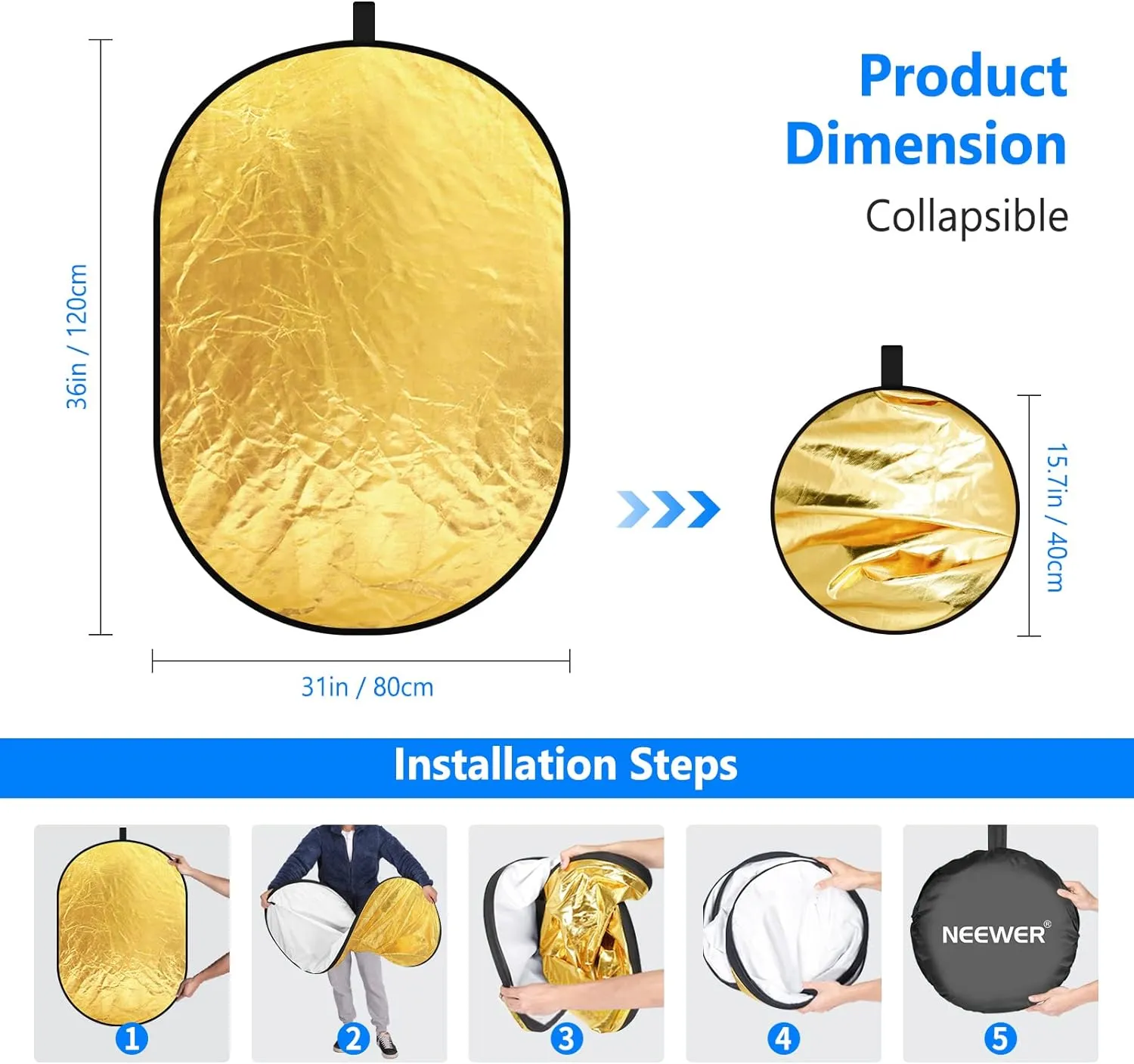 NEEWER 31"x47"/80x120cm Light Reflectors for Photography, Portable 5 in 1 Collapsible Multi Disc with Bag - Translucent, Silver, Gold, Black, White Diffuser for Studio and Outdoor Lighting