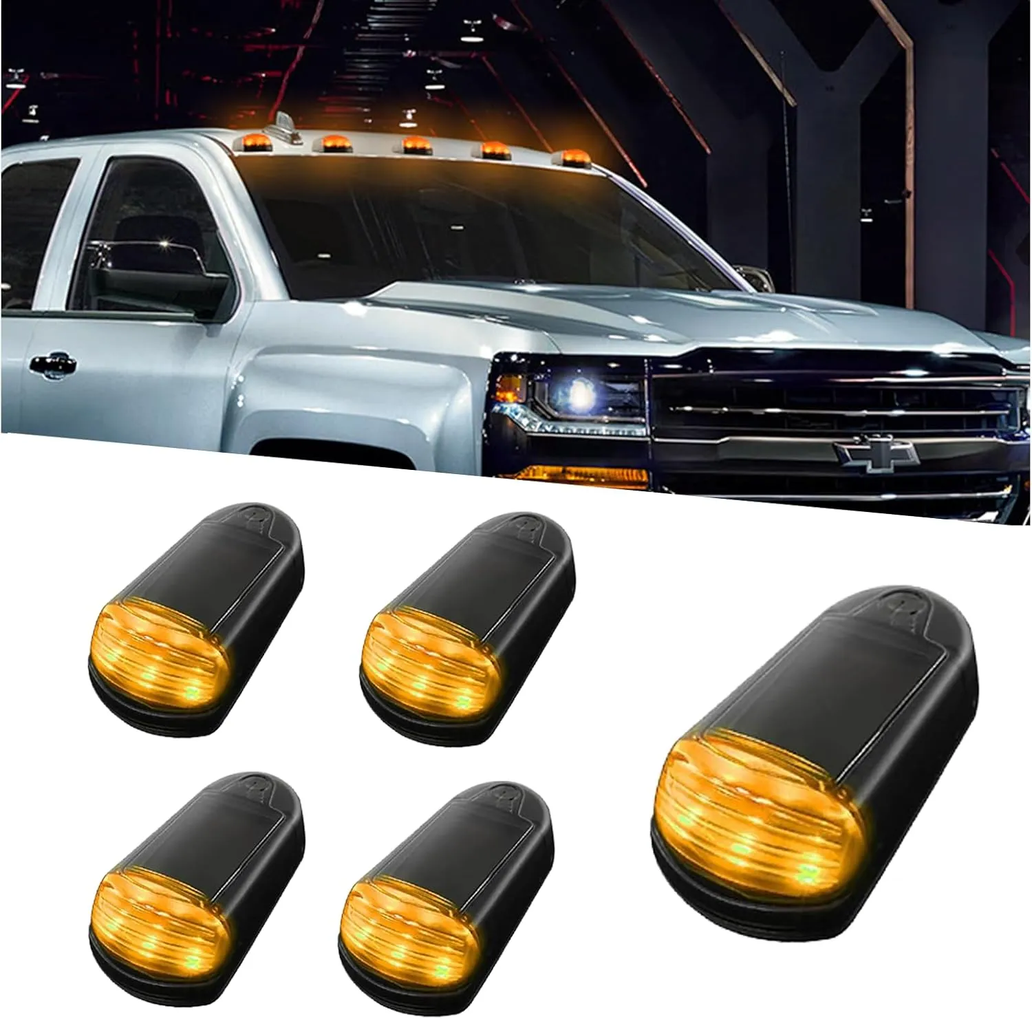 New Upgraded Solar Powered Cab Lights,Wireless Cab Lights for Truck, Waterproof No Drill Cab Lights,Car Roof Marker Lights with Vibration Sensor, No Remote (Yellow light)