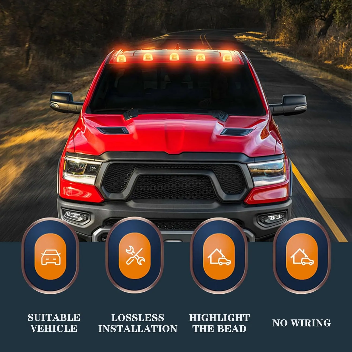 New Upgraded Solar Powered Cab Lights,Wireless Cab Lights for Truck, Waterproof No Drill Cab Lights,Car Roof Marker Lights with Vibration Sensor, No Remote (Yellow light)