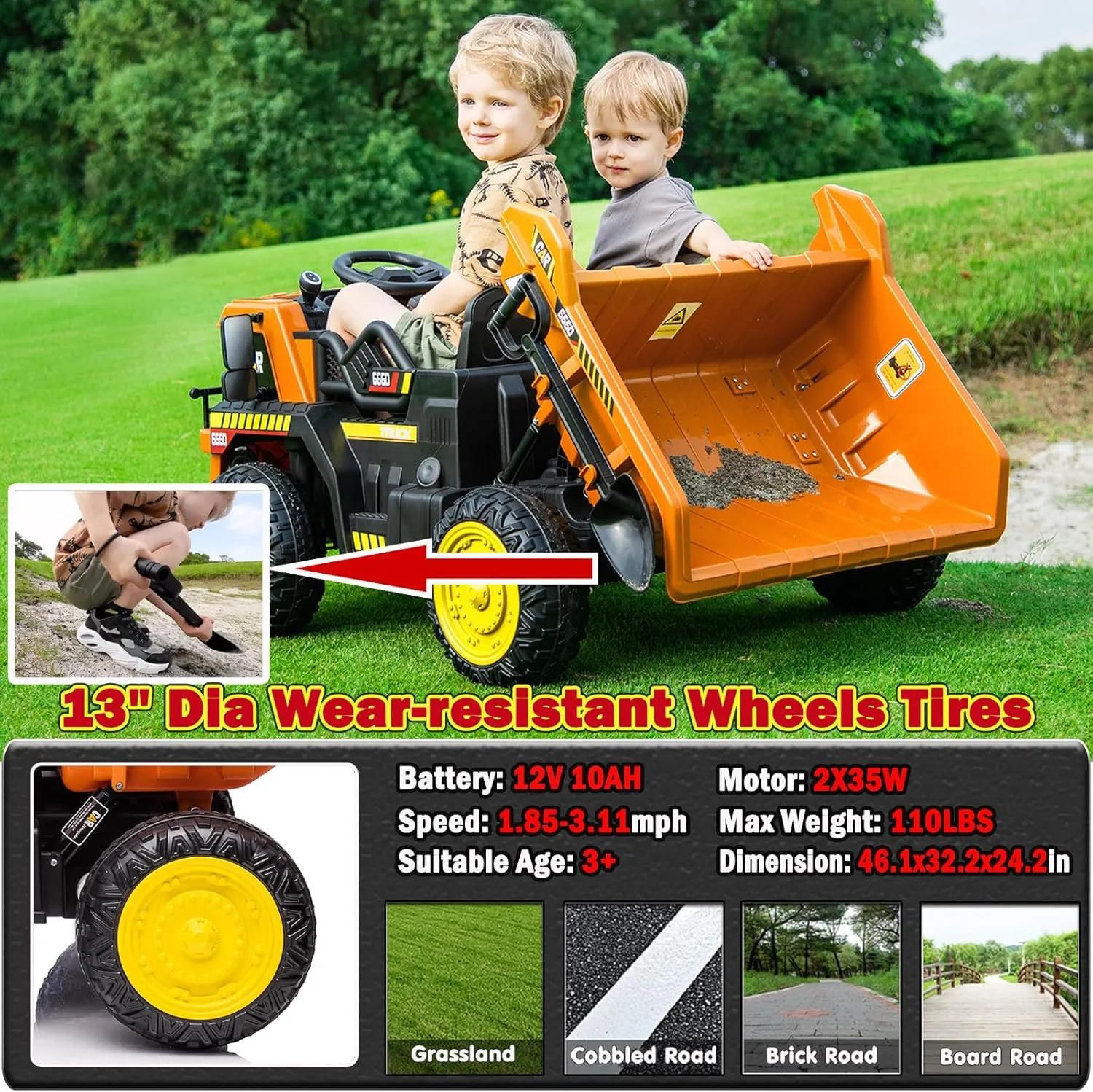 NEWQIDA Kids Ride On Dump Truck, 12V Electric Car with Remote Control 2WD Powered Battery Construction Vehicles with Electric Dump Bed/Shovel, Soft Start, Rear Shock Absorbers, Music, Orange