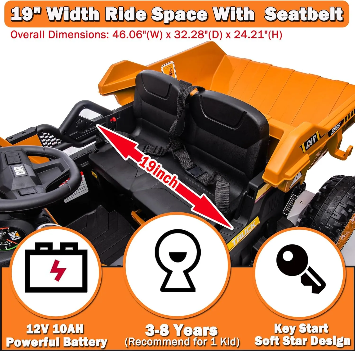 NEWQIDA Kids Ride On Dump Truck, 12V Electric Car with Remote Control 2WD Powered Battery Construction Vehicles with Electric Dump Bed/Shovel, Soft Start, Rear Shock Absorbers, Music, Orange