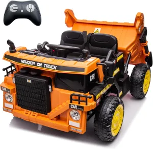 NEWQIDA Kids Ride On Dump Truck, 12V Electric Car with Remote Control 2WD Powered Battery Construction Vehicles with Electric Dump Bed/Shovel, Soft Start, Rear Shock Absorbers, Music, Orange