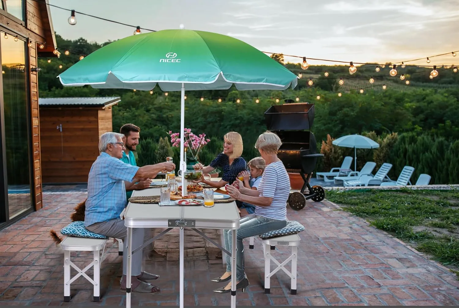 Nice C Picnic Table, Folding Picnic Table and Umbrella, Camping Table with 2 Benches and Umbrella, Mesh net for Backyard, Party, Outdoor, Patio, Lawn