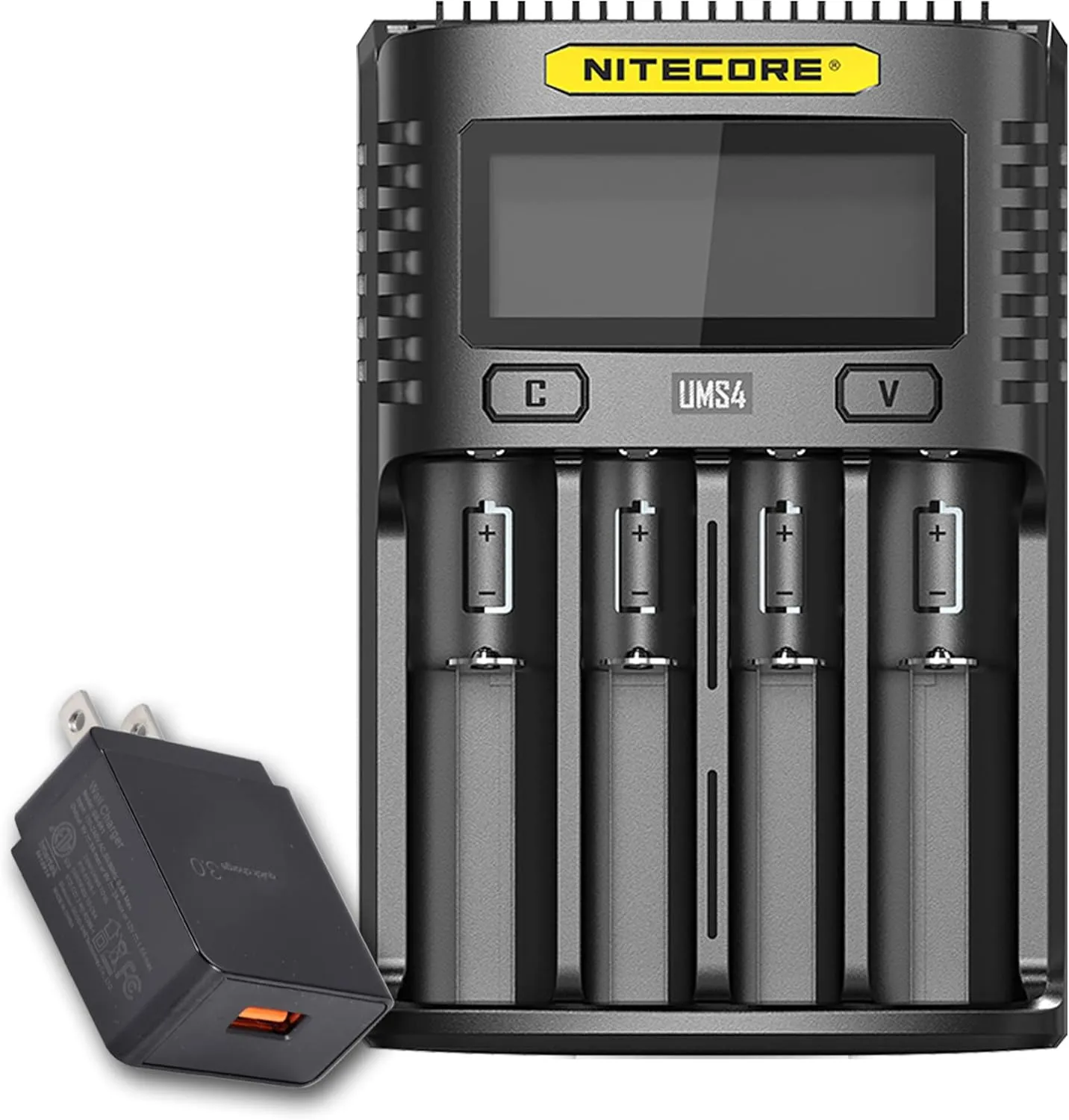 Nitecore UMS4 Intelligent USB Four Slot Quick Battery Charger for Li-Ion/Ni-MH/Ni-Cd/IMR 16340 14500 18650 21700 20700 AA AAA and More Batteries, with LumenTac QC3.0 Charging Adapter