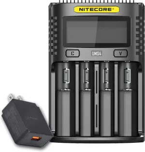 Nitecore UMS4 Intelligent USB Four Slot Quick Battery Charger for Li-Ion/Ni-MH/Ni-Cd/IMR 16340 14500 18650 21700 20700 AA AAA and More Batteries, with LumenTac QC3.0 Charging Adapter