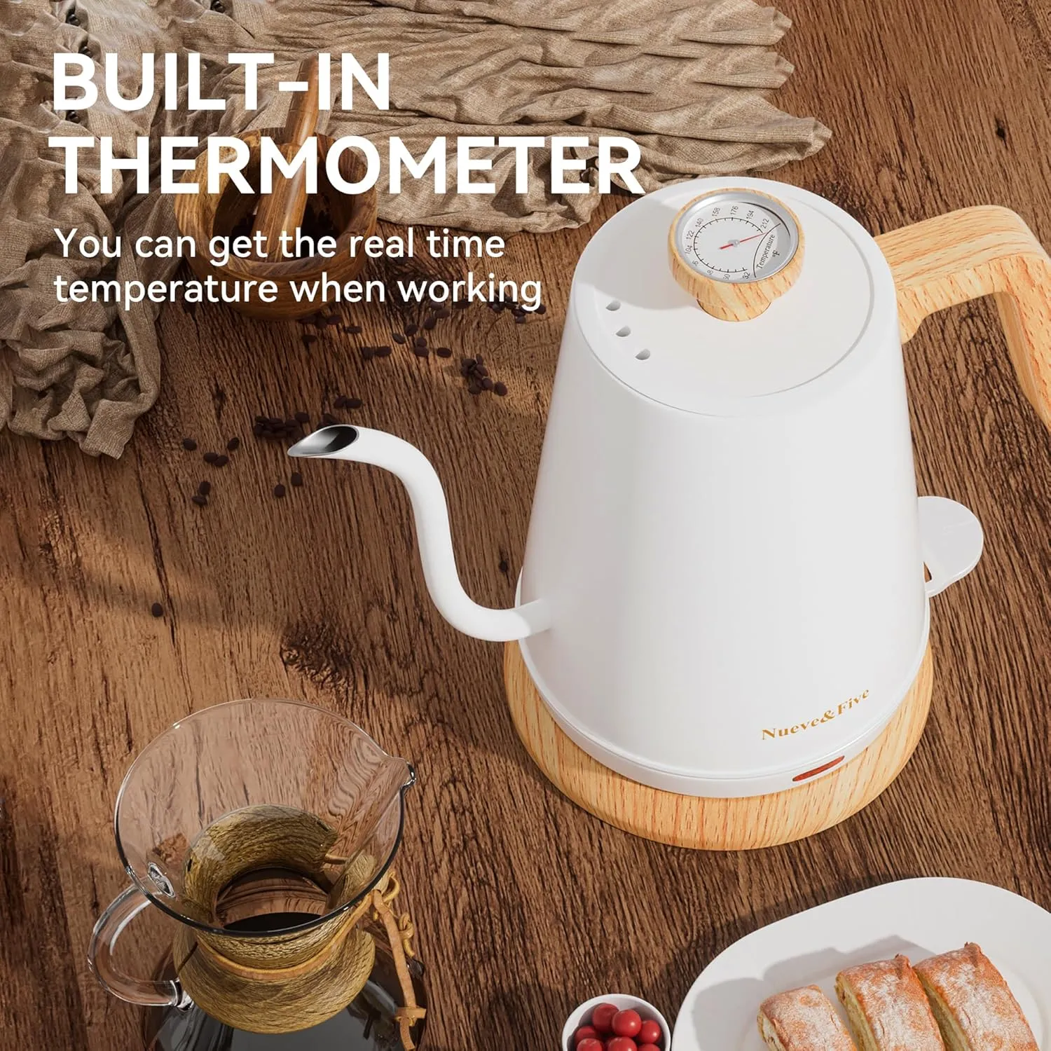 Nueve&Five Gooseneck Electric Kettle with Thermometer,Electric Tea Kettle 1L with Auto Shut-Off，1000W Hot Water Kettle of Stainless Steel,Pour Over Kettle for Coffee & Tea -White