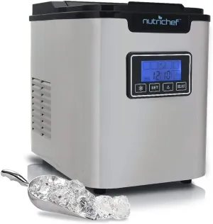 NutriChef Countertop Digital Ice Cube Maker-Upgraded Portable Stainless Steel Ice Molder Machine,Stain Resistant w/Built-in Freezer,Over-Sized Ice Bucket Machine w/Easy-Touch Buttons,Silver-