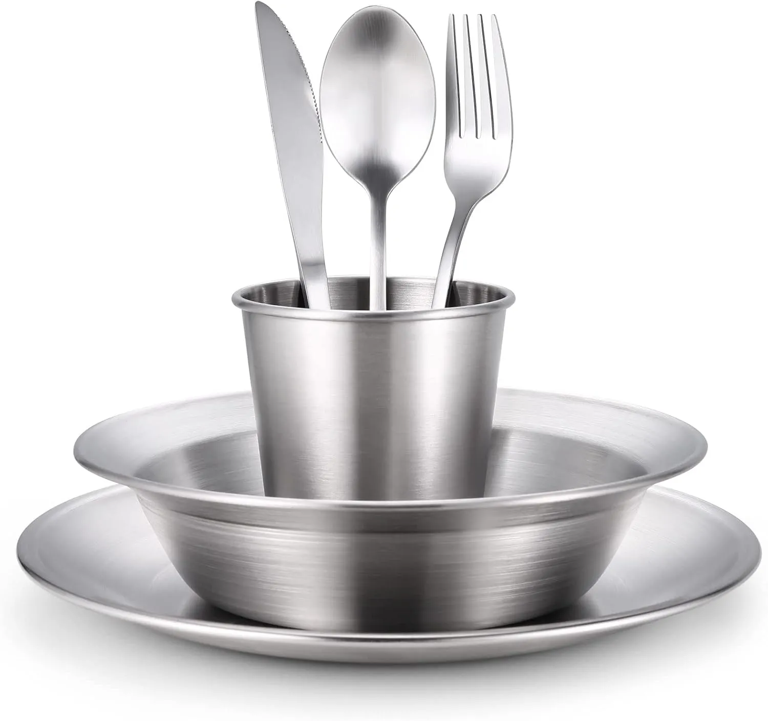 Odoland Camping Complete Messware Kit, Polished Stainless Steel Camp Dinnerware, Camping Cooking Tableware, Cutlery Organizer Utensil with Plates and Bowls Set for Backpacking, Hiking, Picnic