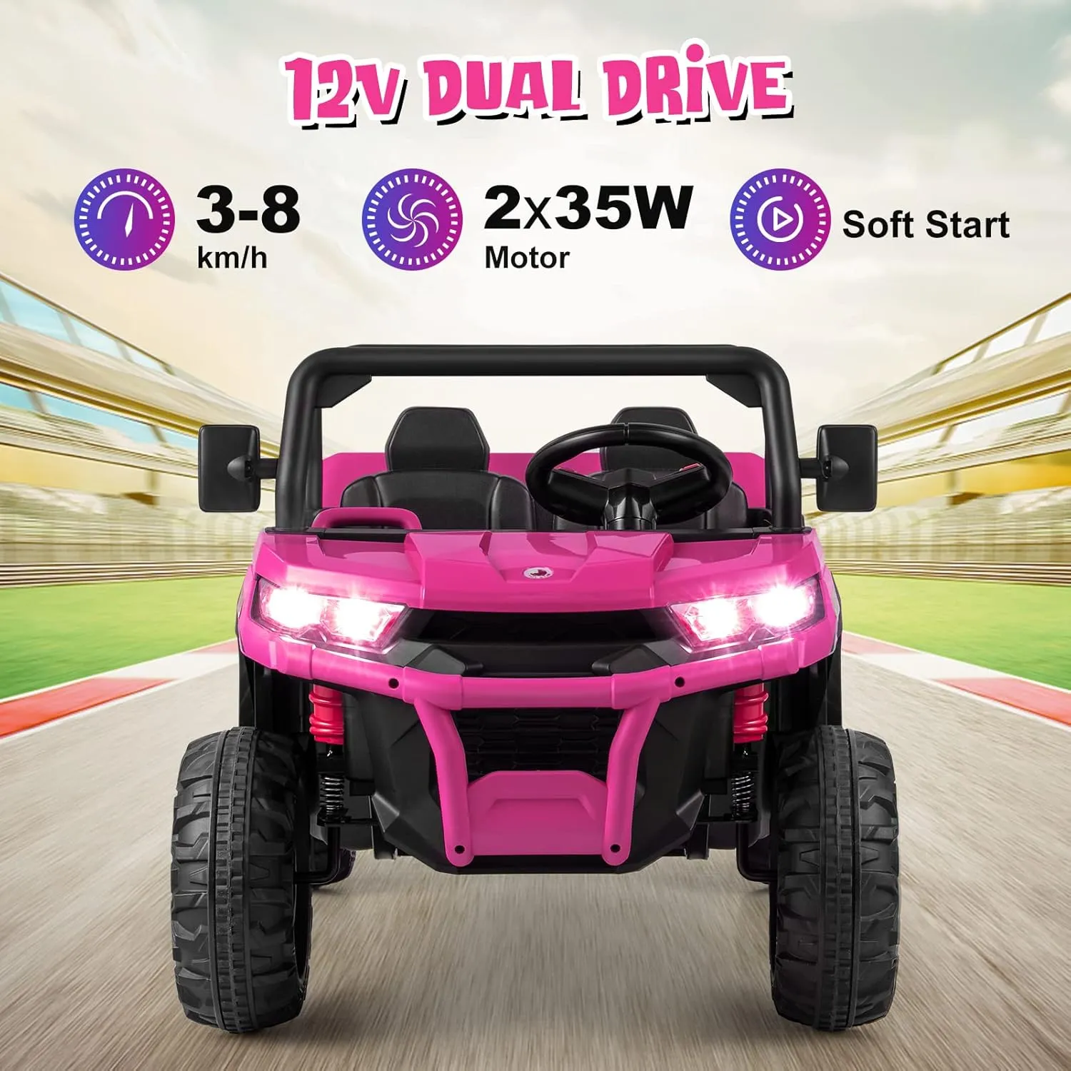 OLAKIDS 2 Seater Ride On Car, 12V Off-Road UTV Electric Vehicle with Remote Control, Dump Bed, Extra Shovel, Music, USB, AUX, Rocking Function, Kids Toddlers Battery Powered Truck (Rose)