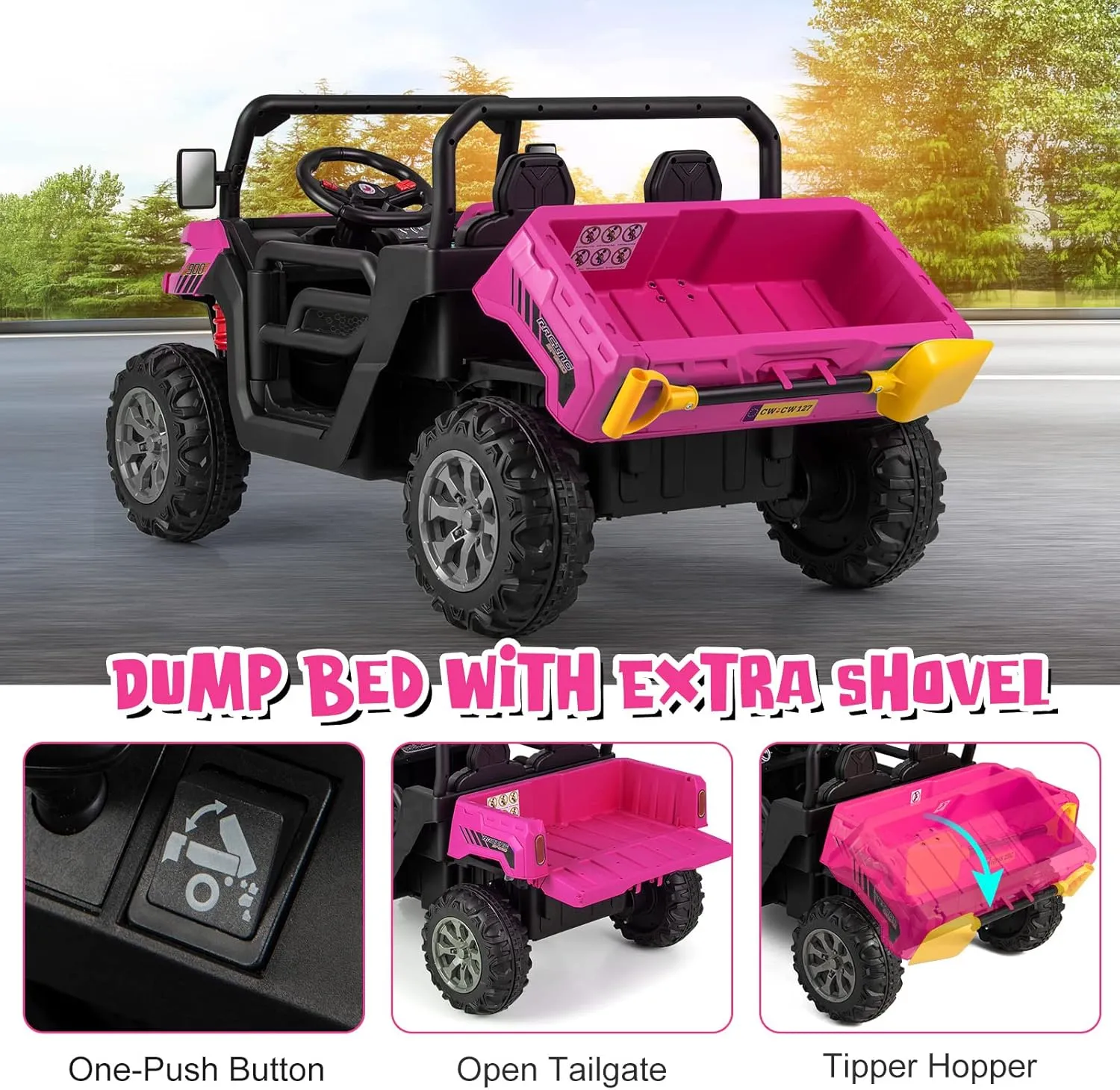 OLAKIDS 2 Seater Ride On Car, 12V Off-Road UTV Electric Vehicle with Remote Control, Dump Bed, Extra Shovel, Music, USB, AUX, Rocking Function, Kids Toddlers Battery Powered Truck (Rose)