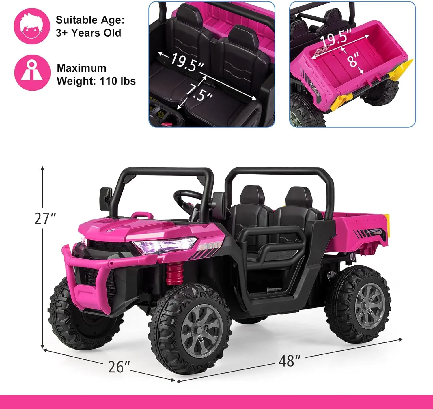 OLAKIDS 2 Seater Ride On Car, 12V Off-Road UTV Electric Vehicle with Remote Control, Dump Bed, Extra Shovel, Music, USB, AUX, Rocking Function, Kids Toddlers Battery Powered Truck (Rose)