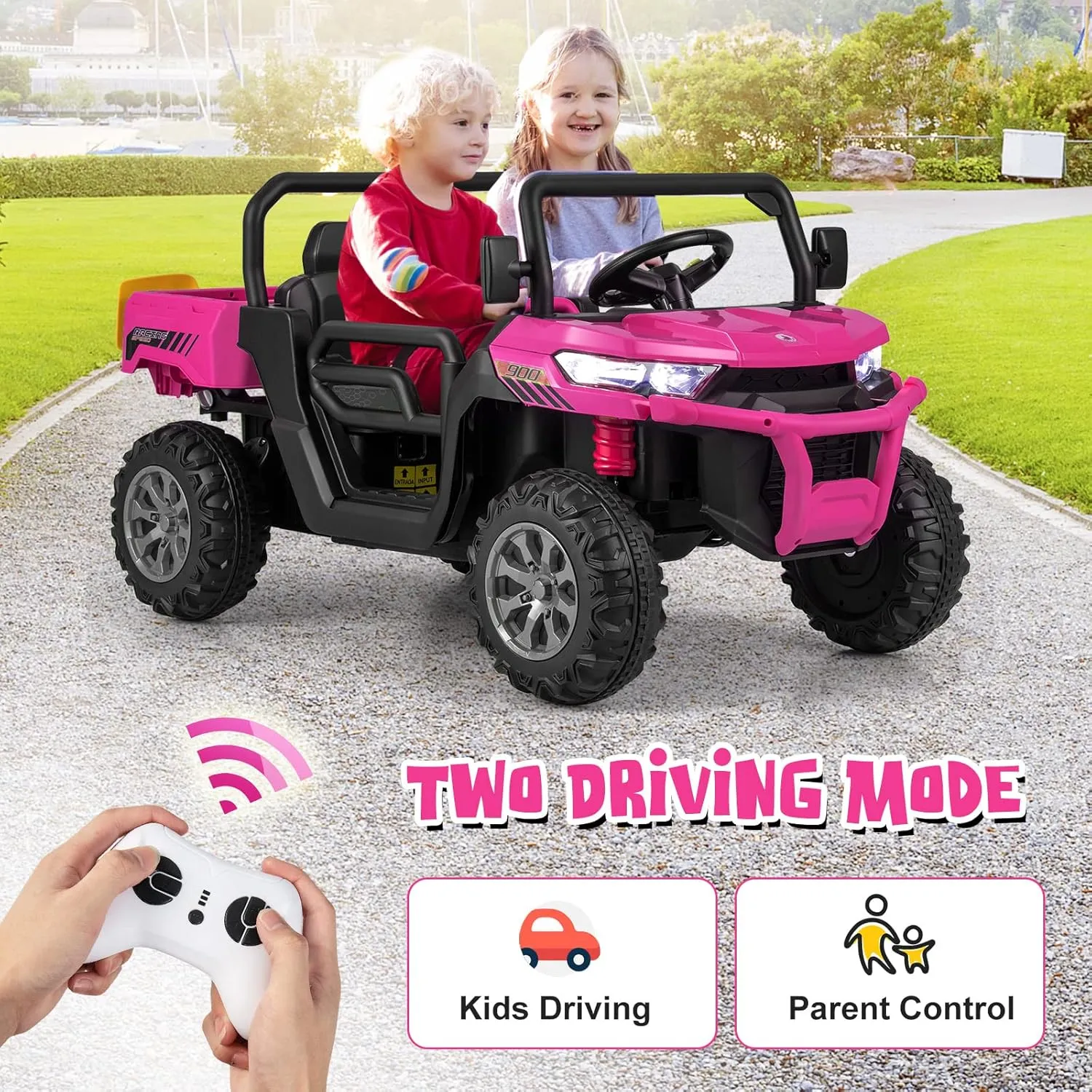 OLAKIDS 2 Seater Ride On Car, 12V Off-Road UTV Electric Vehicle with Remote Control, Dump Bed, Extra Shovel, Music, USB, AUX, Rocking Function, Kids Toddlers Battery Powered Truck (Rose)