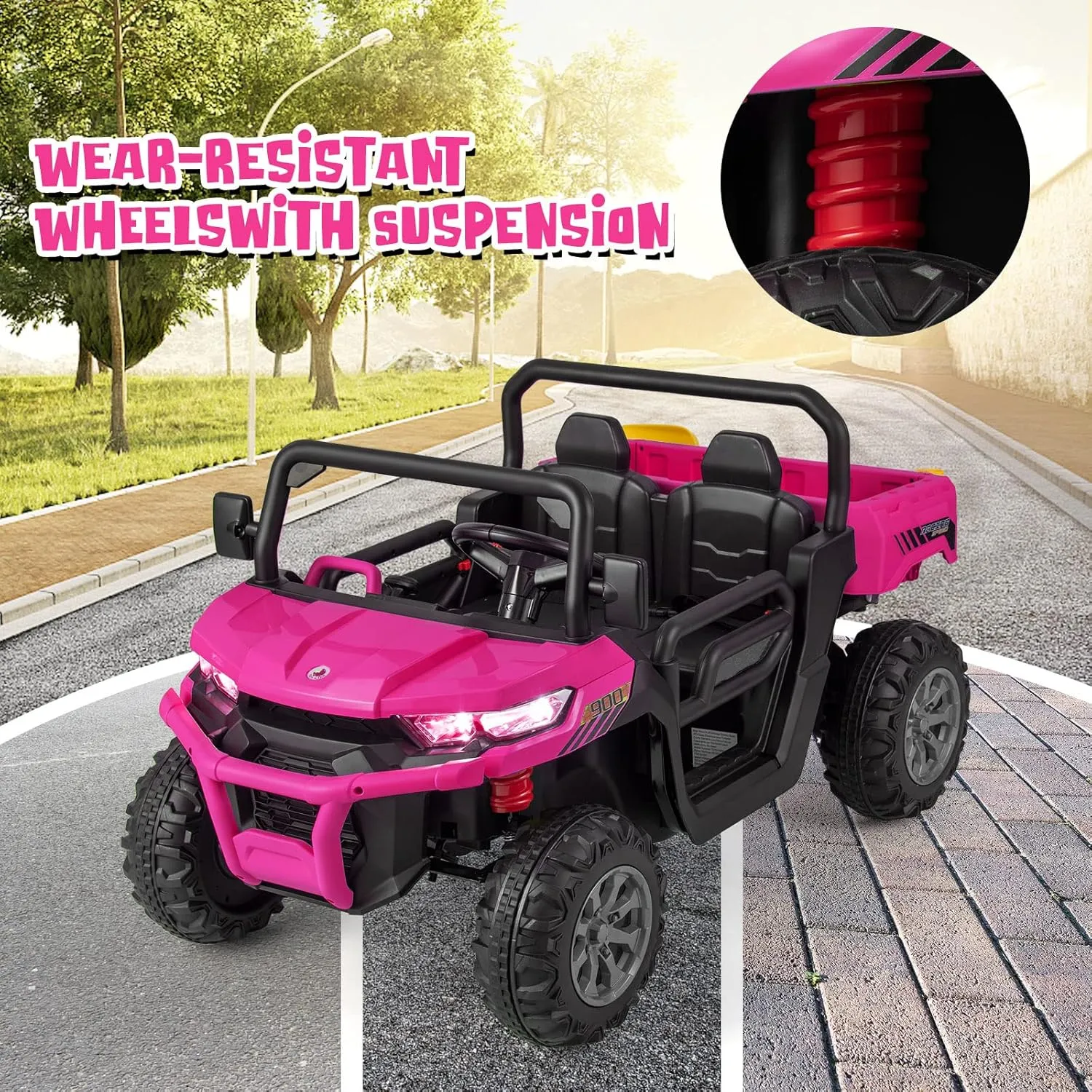 OLAKIDS 2 Seater Ride On Car, 12V Off-Road UTV Electric Vehicle with Remote Control, Dump Bed, Extra Shovel, Music, USB, AUX, Rocking Function, Kids Toddlers Battery Powered Truck (Rose)