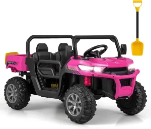 OLAKIDS 2 Seater Ride On Car, 12V Off-Road UTV Electric Vehicle with Remote Control, Dump Bed, Extra Shovel, Music, USB, AUX, Rocking Function, Kids Toddlers Battery Powered Truck (Rose)