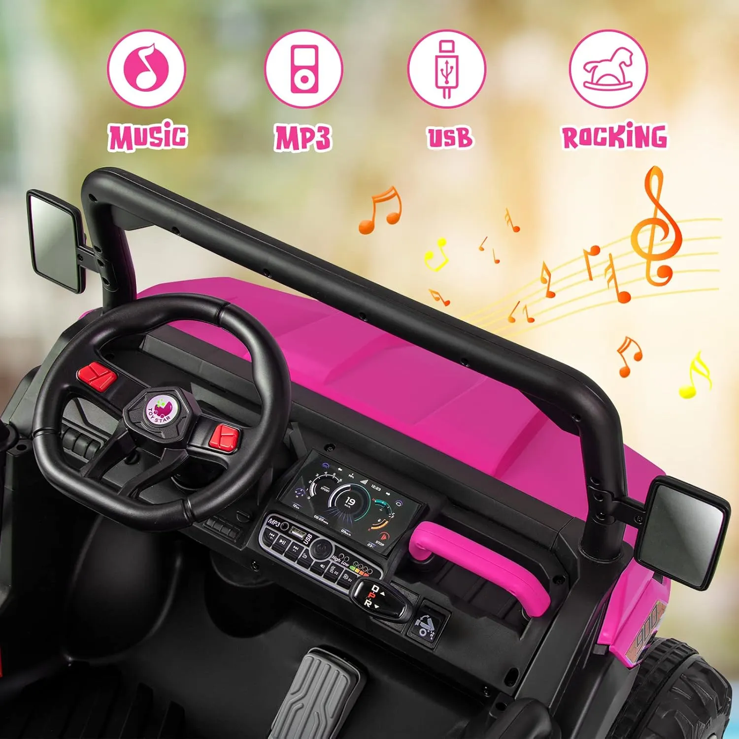 OLAKIDS 2 Seater Ride On Car, 12V Off-Road UTV Electric Vehicle with Remote Control, Dump Bed, Extra Shovel, Music, USB, AUX, Rocking Function, Kids Toddlers Battery Powered Truck (Rose)
