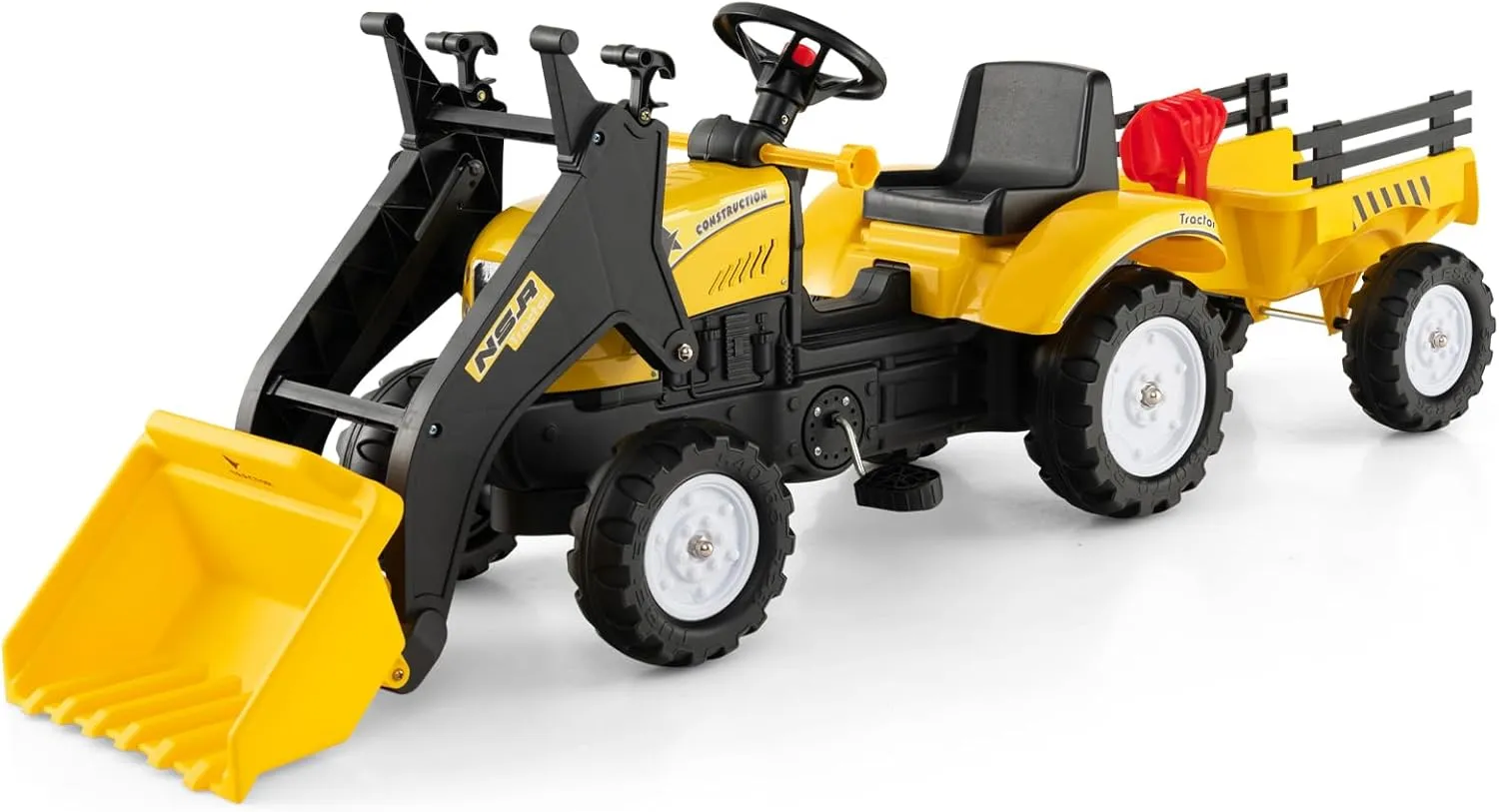 Olakids Kids Ride on Excavator, Pedal Digger Car Bulldozer with Manual Control Bucket, Detachable Cargo Trailer, Shovel, Rake, 6 Wheels, Horn, Construction Tractor for Toddlers 3 