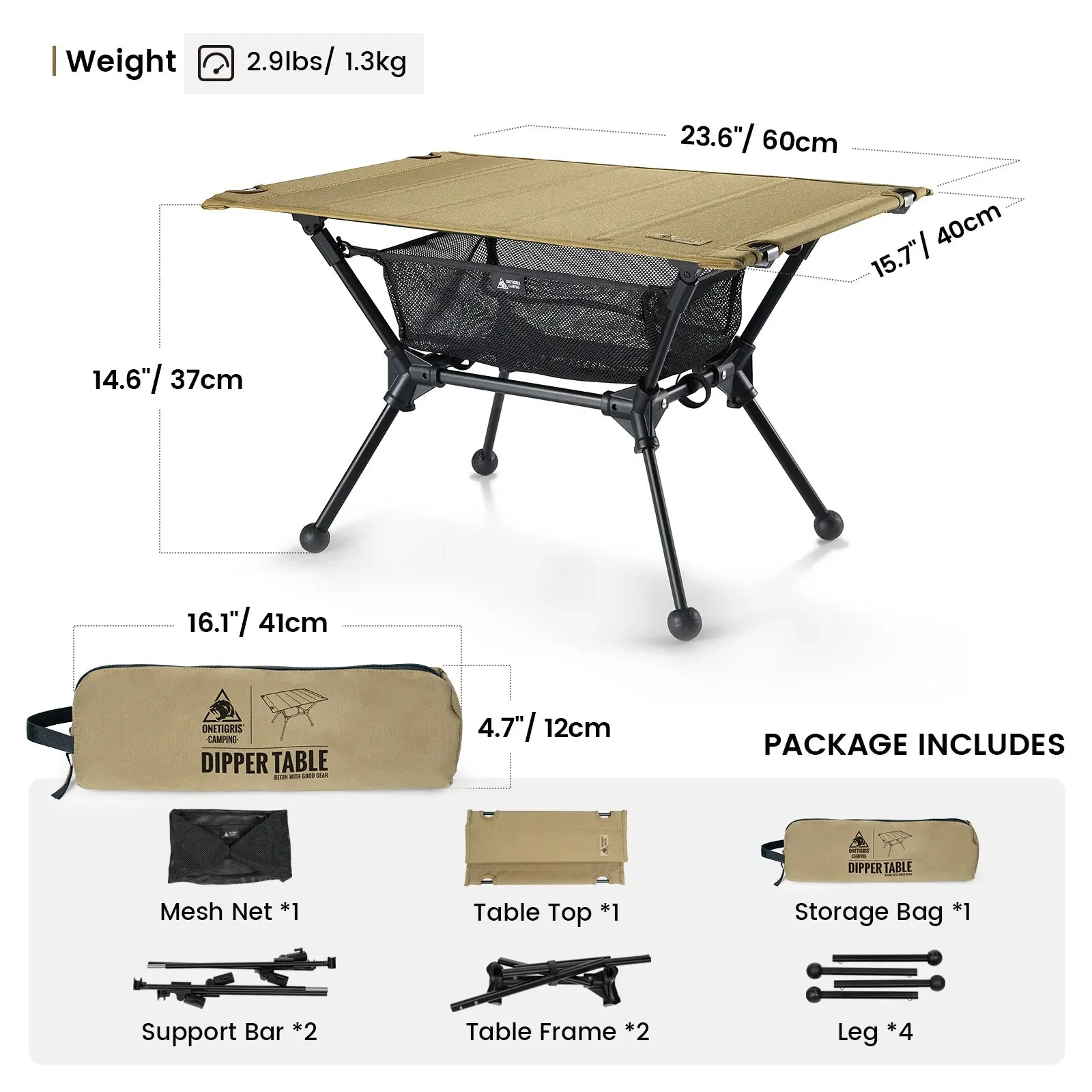 ONETIGRIS Dipper Foldable Camping Table with Mesh Storage – Lightweight Outdoor Furniture