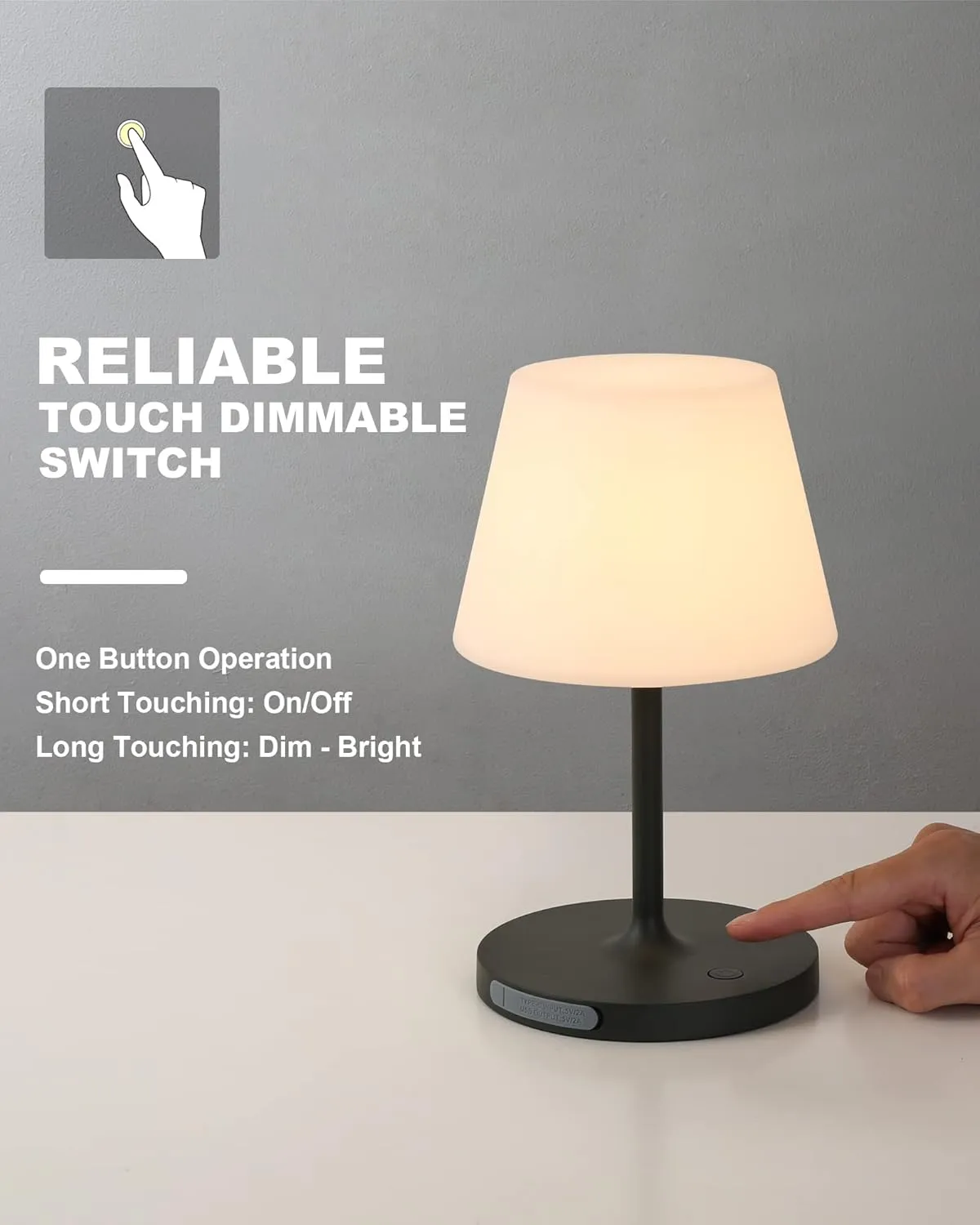 Outdoor Battery Operated Table Lamp Waterproof, 4000mAh Cordless Table Lamp Rechargeable, Touch Dimmable Desk Lamp, LED Night Light for Patio Camping Restaurant Home, H9.6in, Dark Grey