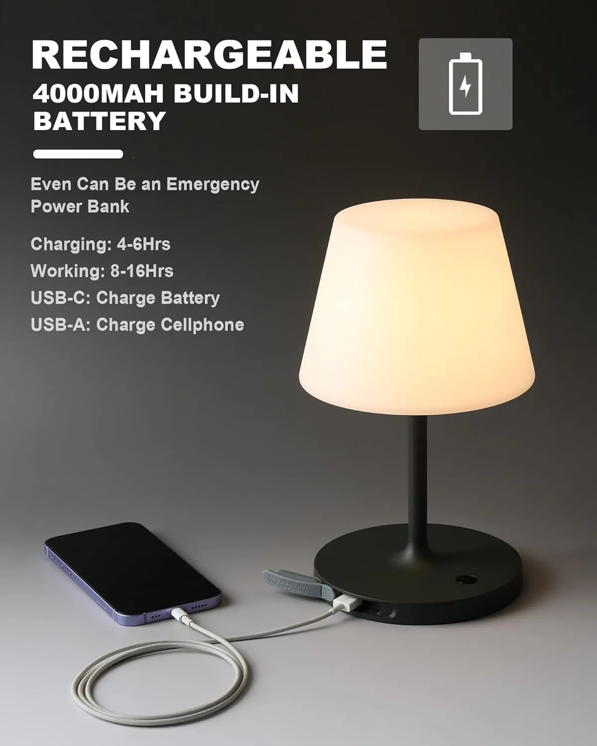 Outdoor Battery Operated Table Lamp Waterproof, 4000mAh Cordless Table Lamp Rechargeable, Touch Dimmable Desk Lamp, LED Night Light for Patio Camping Restaurant Home, H9.6in, Dark Grey