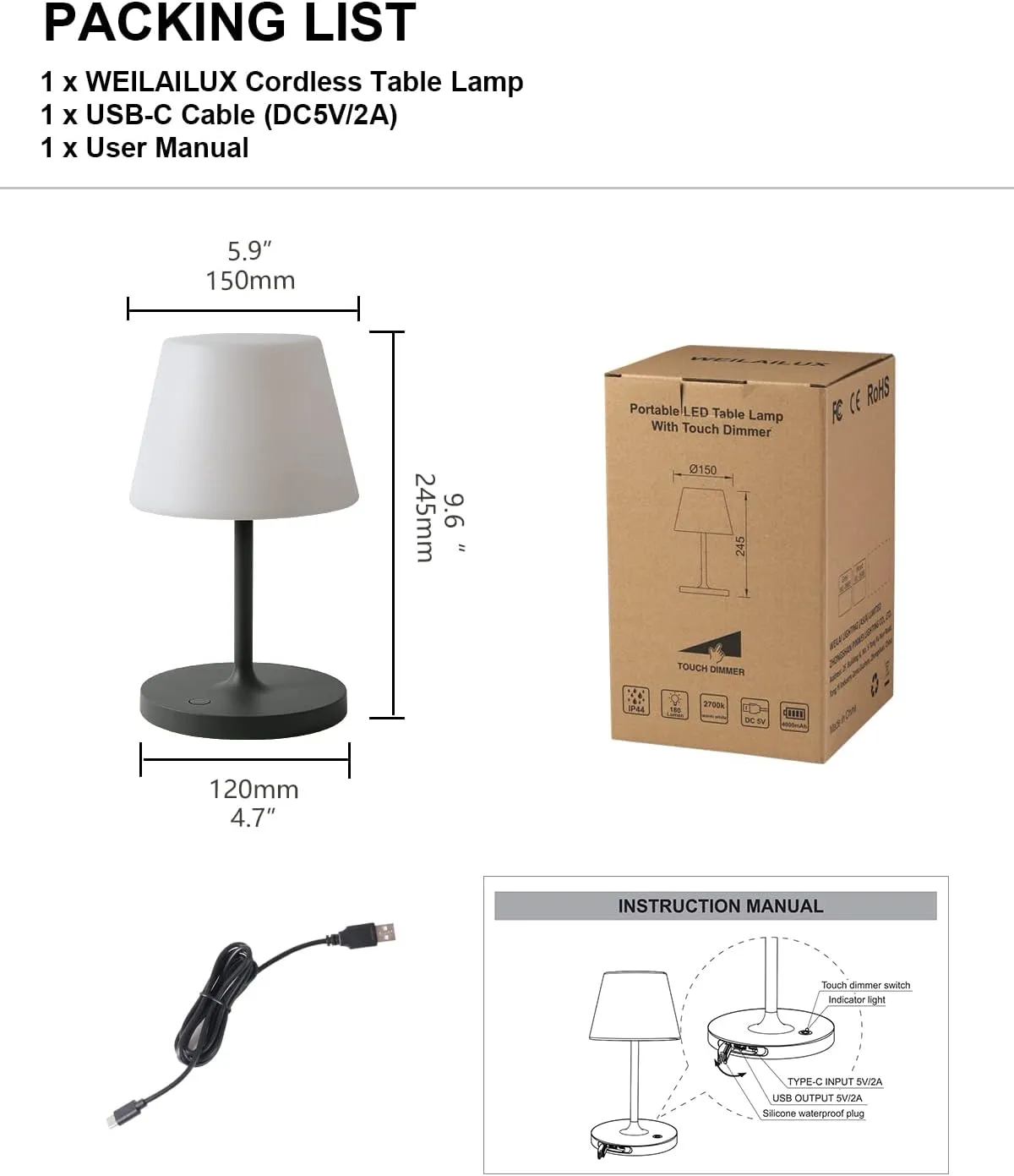 Outdoor Battery Operated Table Lamp Waterproof, 4000mAh Cordless Table Lamp Rechargeable, Touch Dimmable Desk Lamp, LED Night Light for Patio Camping Restaurant Home, H9.6in, Dark Grey