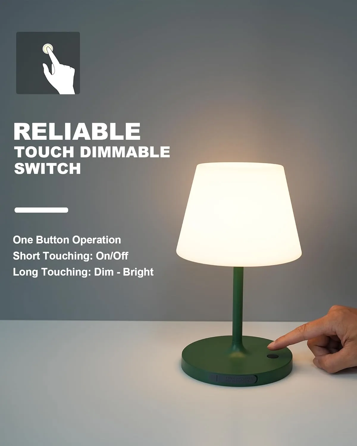 Outdoor Battery Operated Table Lamp Waterproof, 4000mAh Cordless Table Lamp Rechargeable, Touch Dimmable Desk Lamp, LED Night Light for Patio Camping Restaurant Home, H9.6in, Green