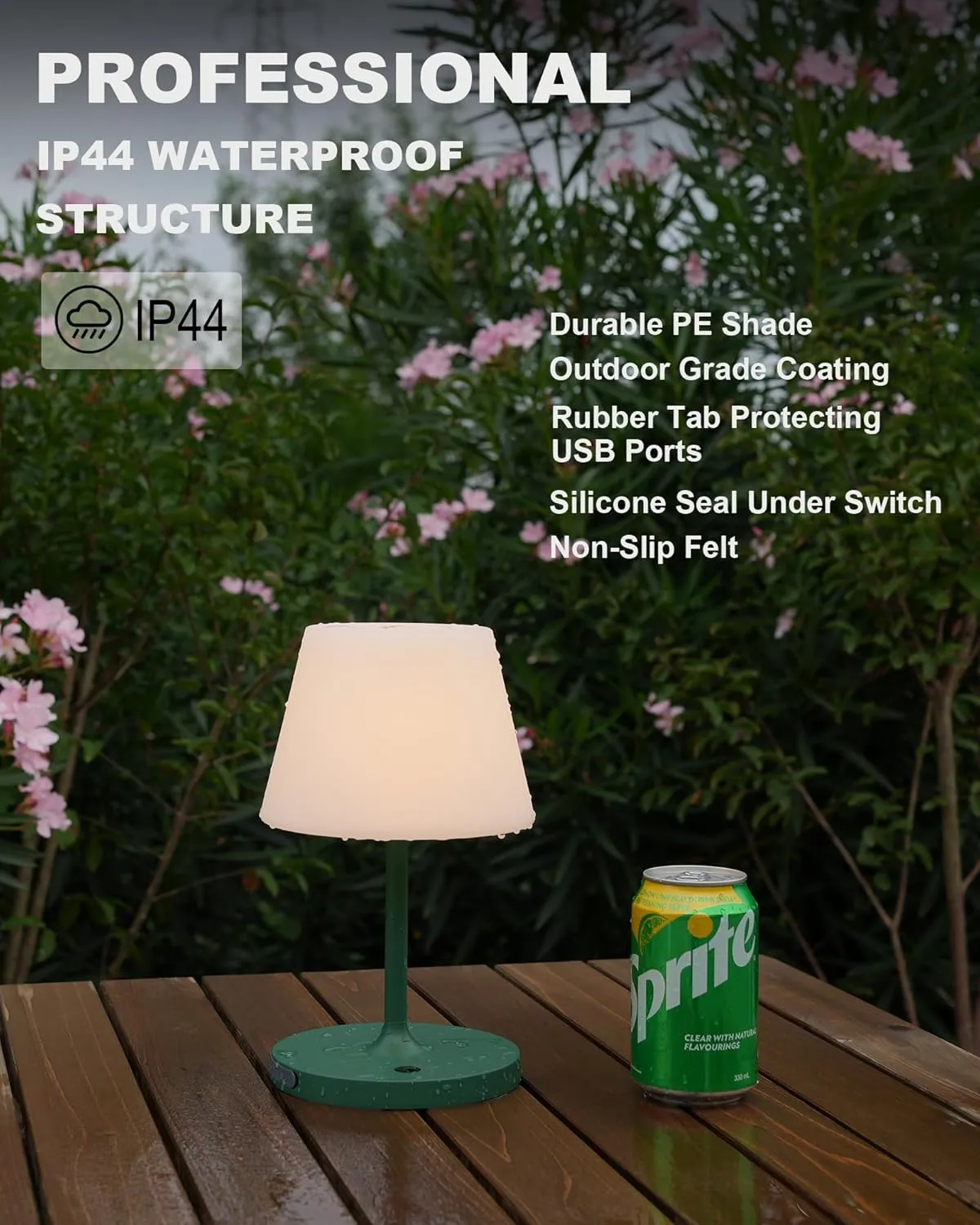 Outdoor Battery Operated Table Lamp Waterproof, 4000mAh Cordless Table Lamp Rechargeable, Touch Dimmable Desk Lamp, LED Night Light for Patio Camping Restaurant Home, H9.6in, Green