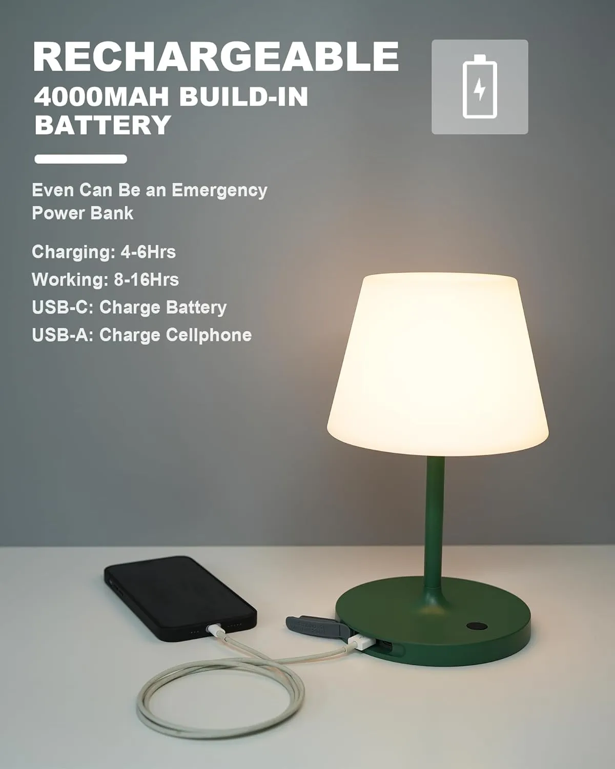 Outdoor Battery Operated Table Lamp Waterproof, 4000mAh Cordless Table Lamp Rechargeable, Touch Dimmable Desk Lamp, LED Night Light for Patio Camping Restaurant Home, H9.6in, Green
