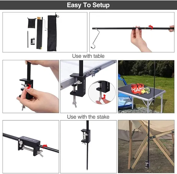 Outdoor Camping Hiking Lamp Post Pole Foldable Portable Fishing Light Lantern Fixing Stand Aluminum Alloy for Ground Table 2 in1