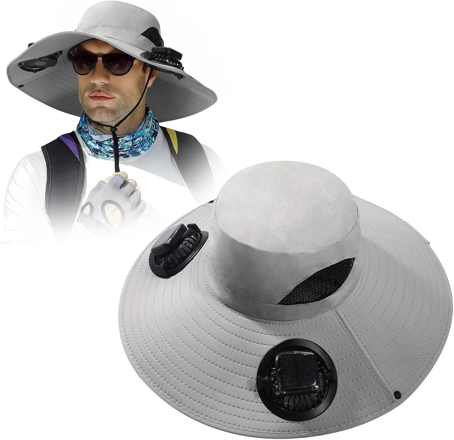 Outdoor Wide Brim Sun Hat with 2 Solar Fan - 2025 Sun Bucket Hat for Men&Women, UPF 50  Bucket Fishing Beach Hat Fan Built in