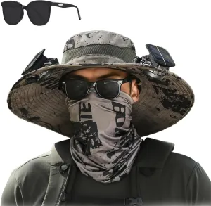 Outdoor Wide Brim Sun Hat with Solar Fan, Wide Brim Solar Fan Outdoor Fishing Hat-Solar & USB Charging