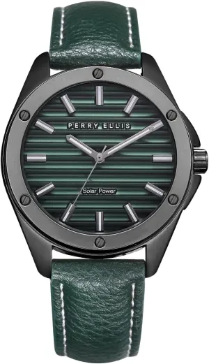 Perry Ellis Solar Powered Mens Watch | Vegan Leather Water-Resistant Analog Wrist Watches for Men | 42mm Case | Relojes para Hombres | Elegant Gift for Man