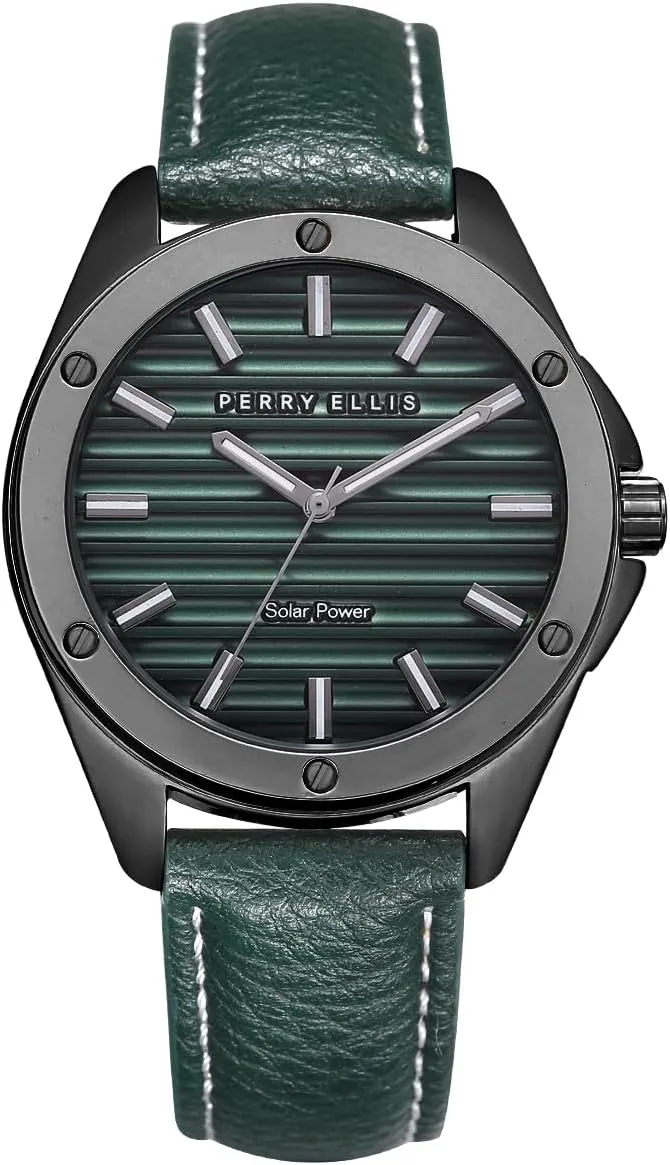Perry Ellis Solar Powered Mens Watch | Vegan Leather Water-Resistant Analog Wrist Watches for Men | 42mm Case | Relojes para Hombres | Elegant Gift for Man
