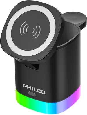 Philco 3-in-1 Magnetic Wireless Charging Station,15W Fast Charging for Magsafe iPhone 11/12/13/14/15/16, Apple Watch & AirPods, Compact and Foldable Design with USB-C Port, RGB Color Changing Light
