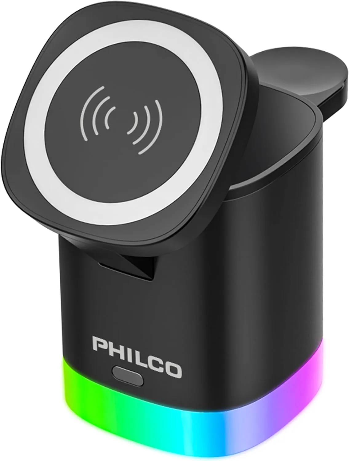 Philco 3-in-1 Magnetic Wireless Charging Station,15W Fast Charging for Magsafe iPhone 11/12/13/14/15/16, Apple Watch & AirPods, Compact and Foldable Design with USB-C Port, RGB Color Changing Light
