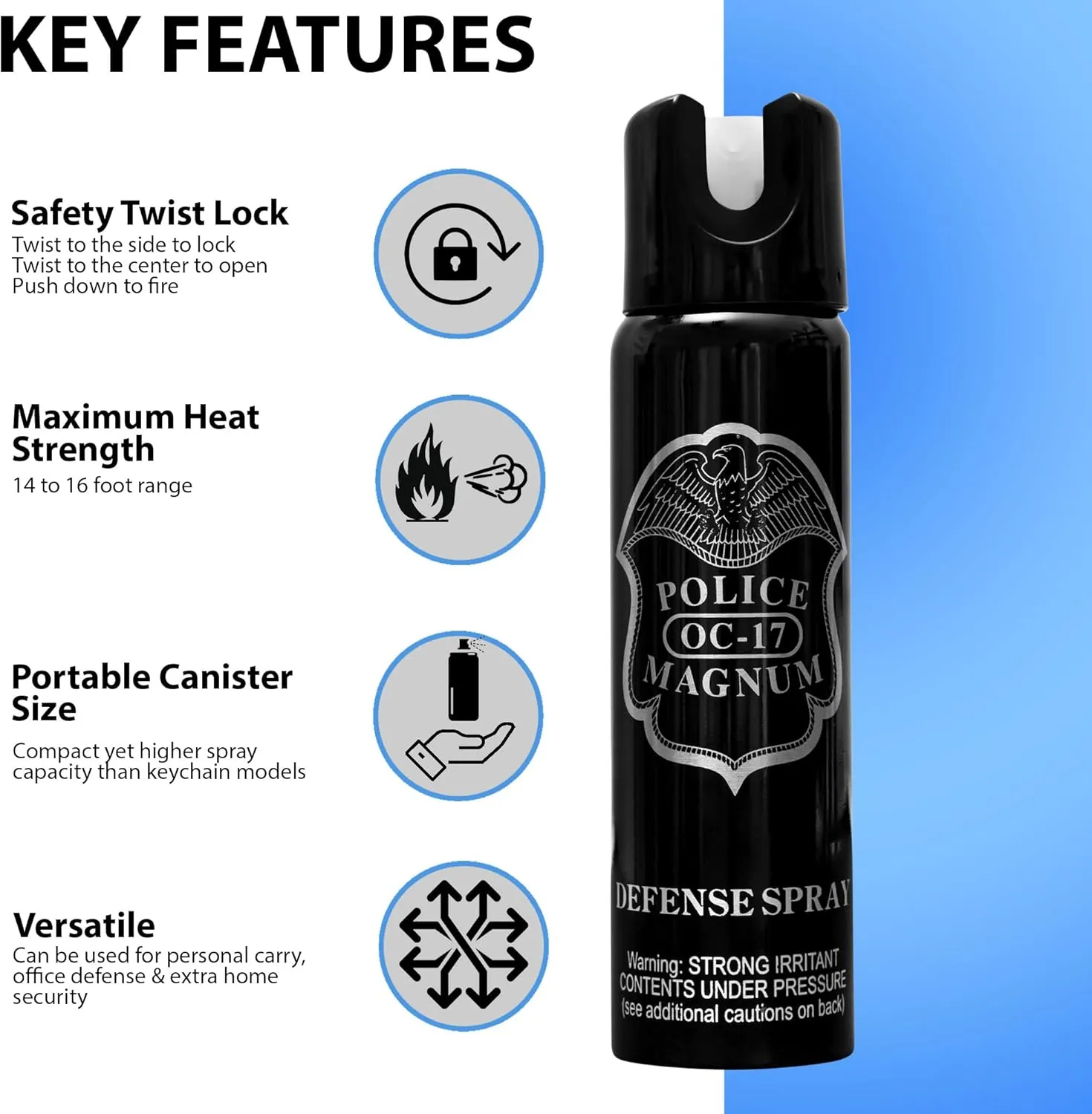 POLICE MAGNUM Pepper Spray Max Strength Portable Security- 16 ft Range- 4oz Twist Lock