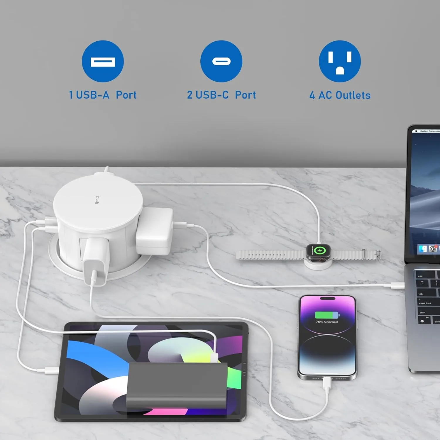 Pop Up Outlet – 4 AC Outlets,3 USB Ports,20W Fast Charging,4.75" Hole Cut Out,Space Saving Hidden Countertop Design for Home & Office,6ft Cord