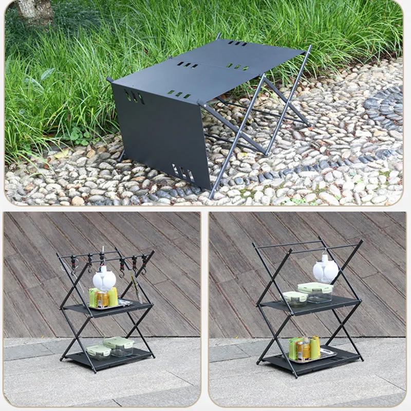 Portable Aluminum 3-Tier Storage Rack | Camping BBQ Folding Table Frame | Black