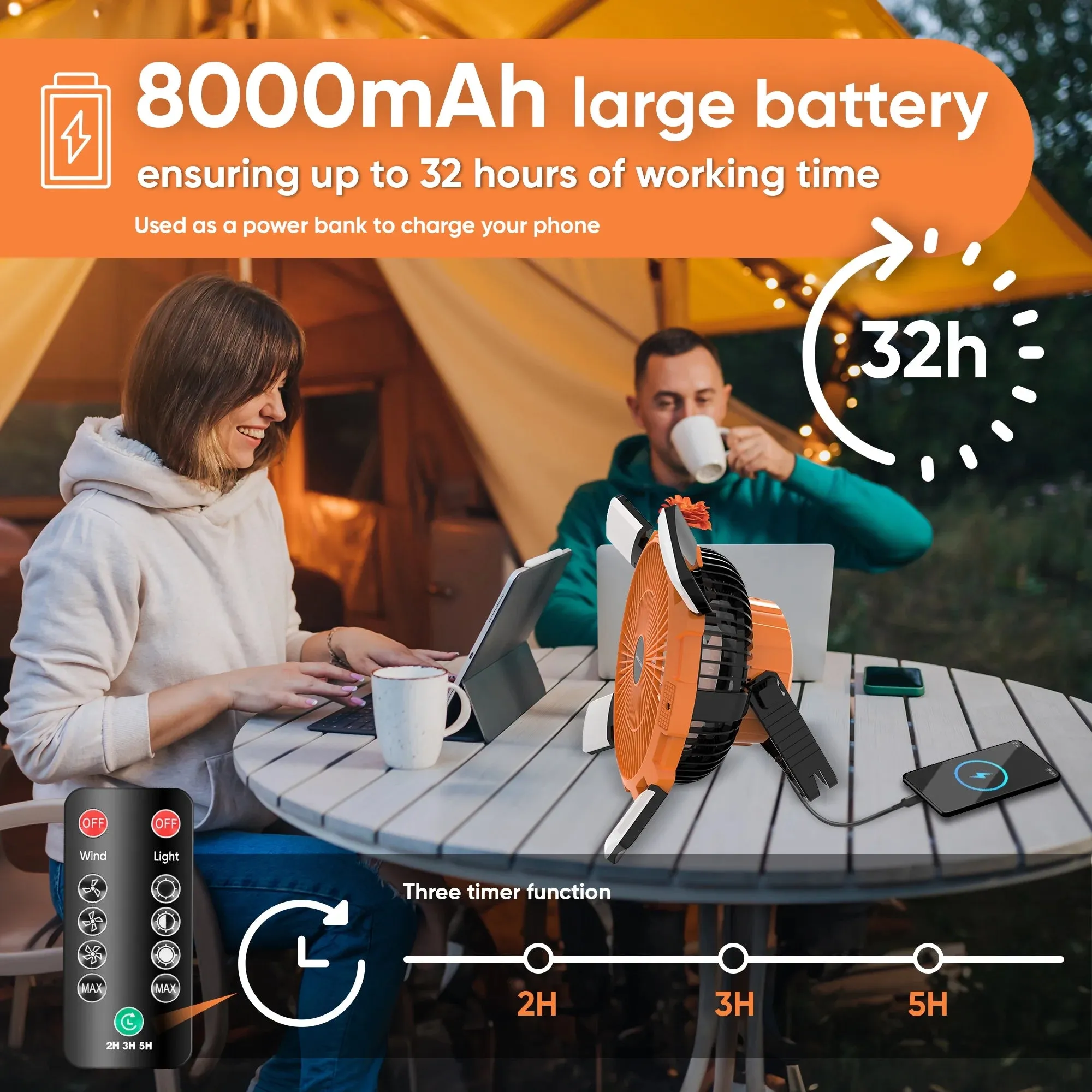 portable camping fan with light and remote control