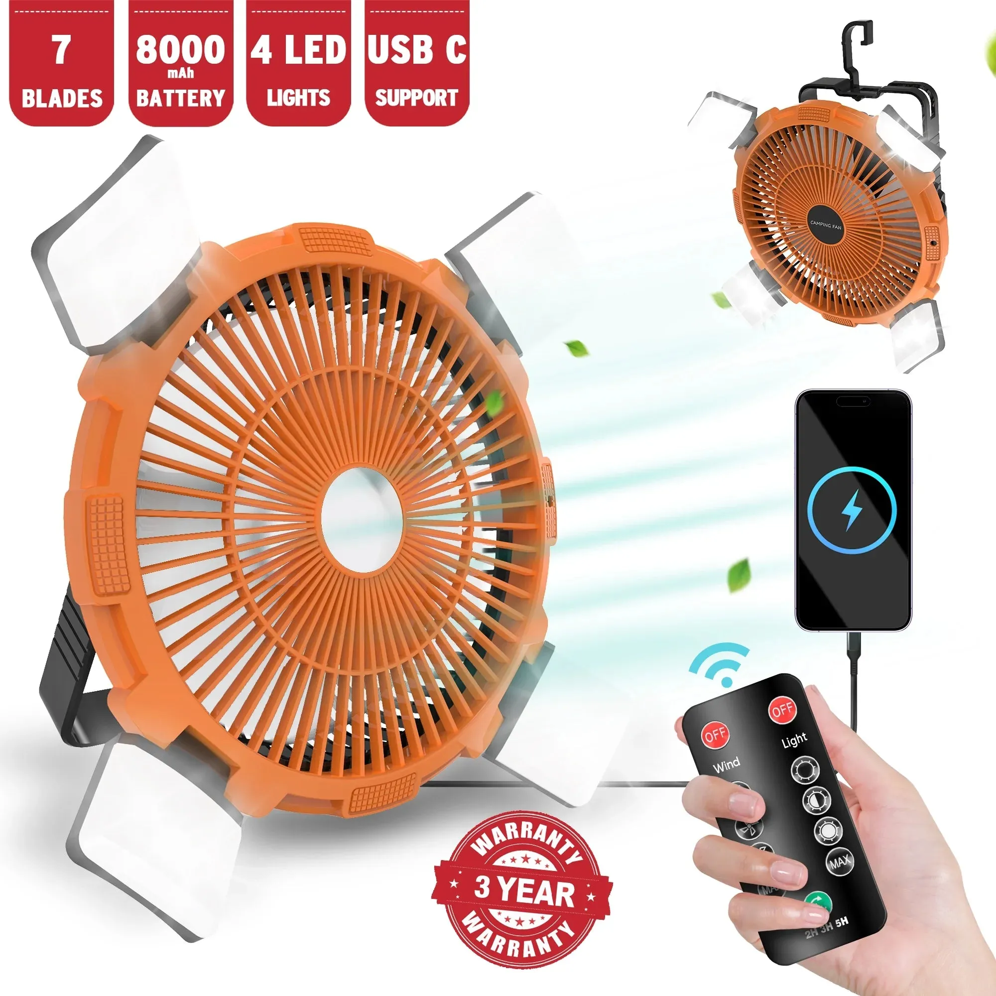 portable camping fan with light and remote control