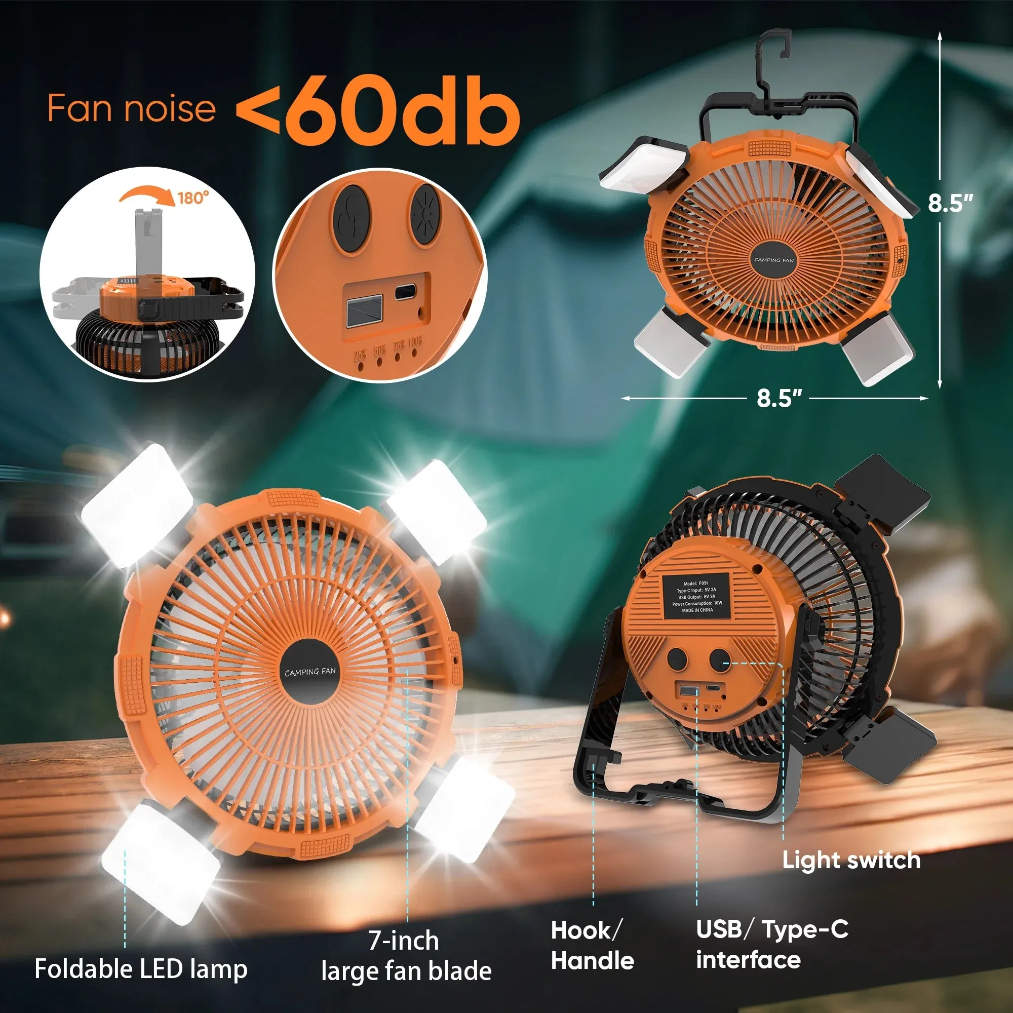 portable camping fan with light and remote control
