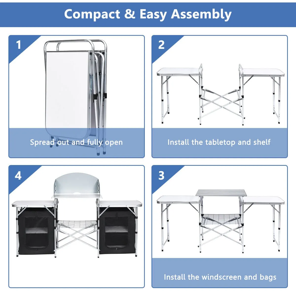 Portable Camping Kitchen Table, Aluminum Fold-Up Camping Kitchen with Windscreen