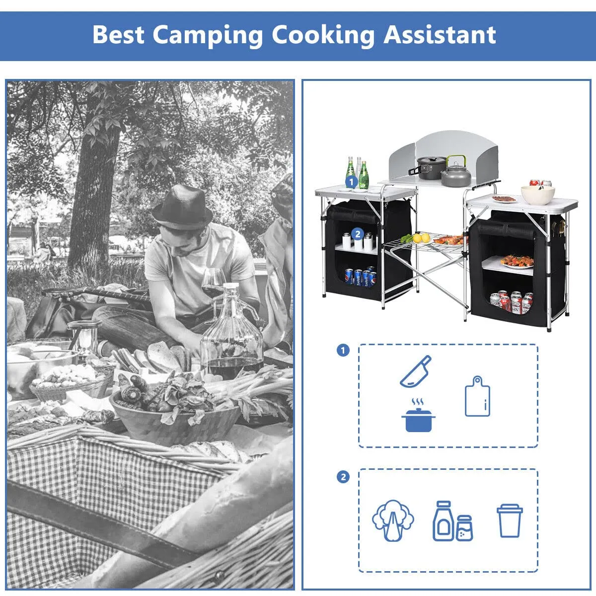 Portable Camping Kitchen Table, Aluminum Fold-Up Camping Kitchen with Windscreen